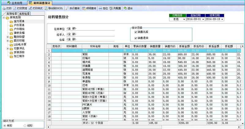 飛揚(yáng)動(dòng)力廣告公司管理系統(tǒng)材料銷(xiāo)售統(tǒng)計(jì)報(bào)表